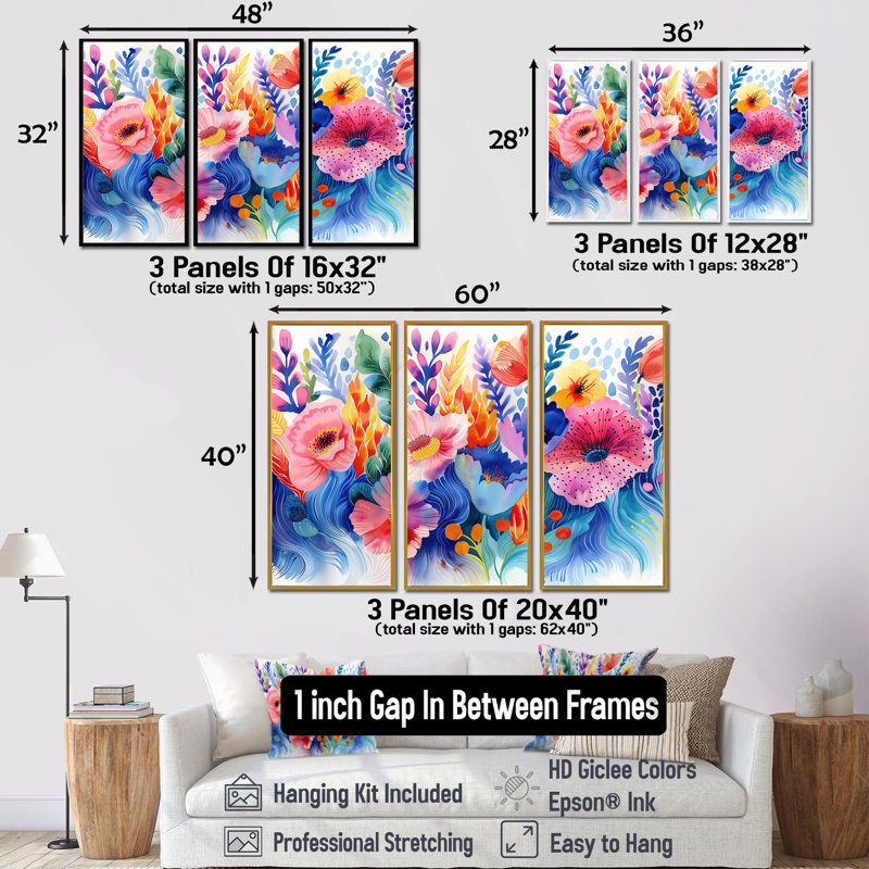 Aquariums oranges bleus «Floral Dreams II - Botanicals», ensemble d'art mural, Toile argentée avec cadre flottant