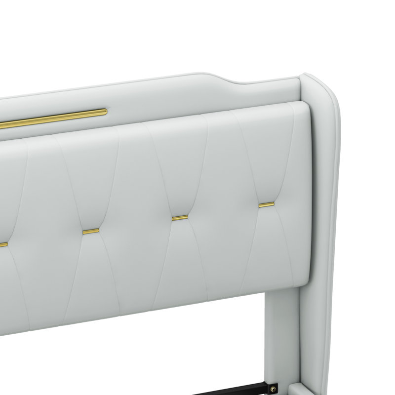 Grand lit tapissier en polyuréthane avec tête de lit à oreilles et renfort en métal, lattes, cadre gris luxueux, revêtement en cuir, or fantaisie sur une capacité de 800 lb, facile à nettoyer