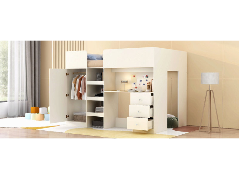 Lit mezzanine double en bois avec garde-robe intégrée, bureau, tablettes de rangement et tiroirs, Beige