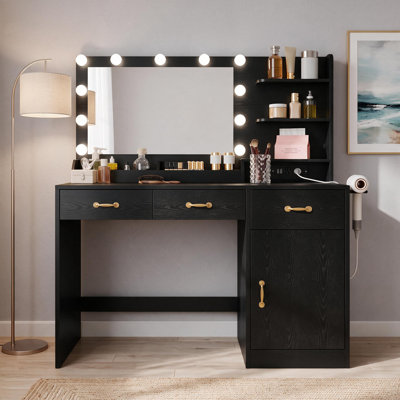 Meuble-lavabo de 46 po avec miroir et lumières, ensemble de table de maquillage avec tabouret de rangement rembourré, 11 ampoules DEL, prise de courant intégrée, 3 tiroirs et tablettes de rangement