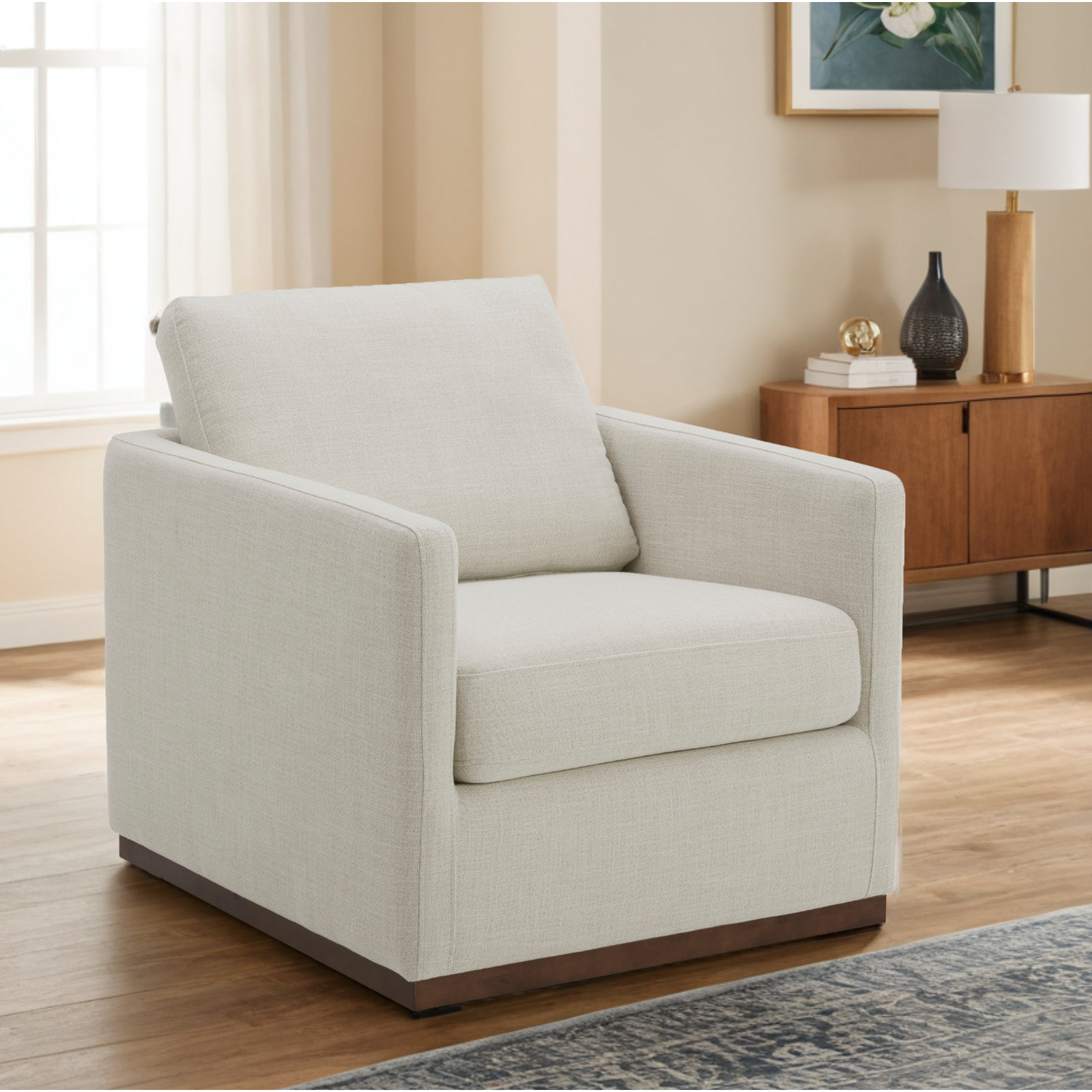 Bobbi Upholstered Swivel Armchair, Effie Linen Performance Linen