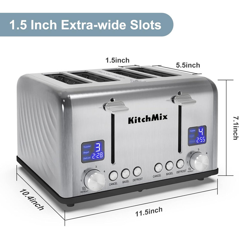 Stainless Steel 4-Slice Toaster with LCD Timer and Wide Slots