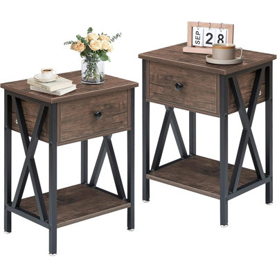 Nightstands Set Of 2, Modern Bedside End Tables, Night Stands With Drawer And Storage Shelf For Living Room Bedroom, Industrial Metal Frame
