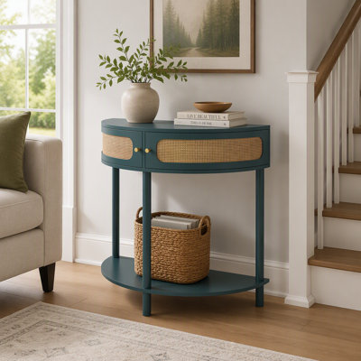 Table de bout unique en demi-lune avec porte coulissante en rotin, console élégante en demi-cercle avec 2 armoires de rangement en rotin et tablette inférieure pour le salon, la chambre à coucher, le bureau, le couloir