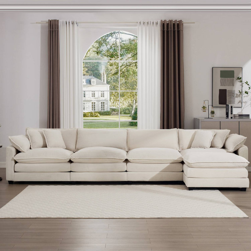 Canapé avec un repose-pieds, H 33,85 po x l 150,38 po x P 34,25 po, Velours côtelé beige