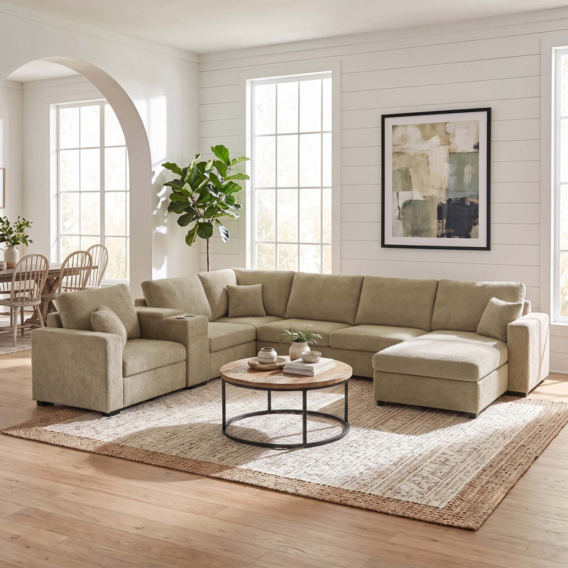 Canapé d'angle modulaire en forme de U avec rangement et porte-gobelets, Chenille brun