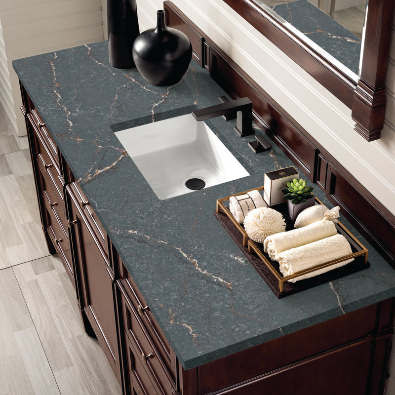 Meuble-lavabo simple 60 po Dussault, Acajou bruni, Bleu Parisien, 8 po