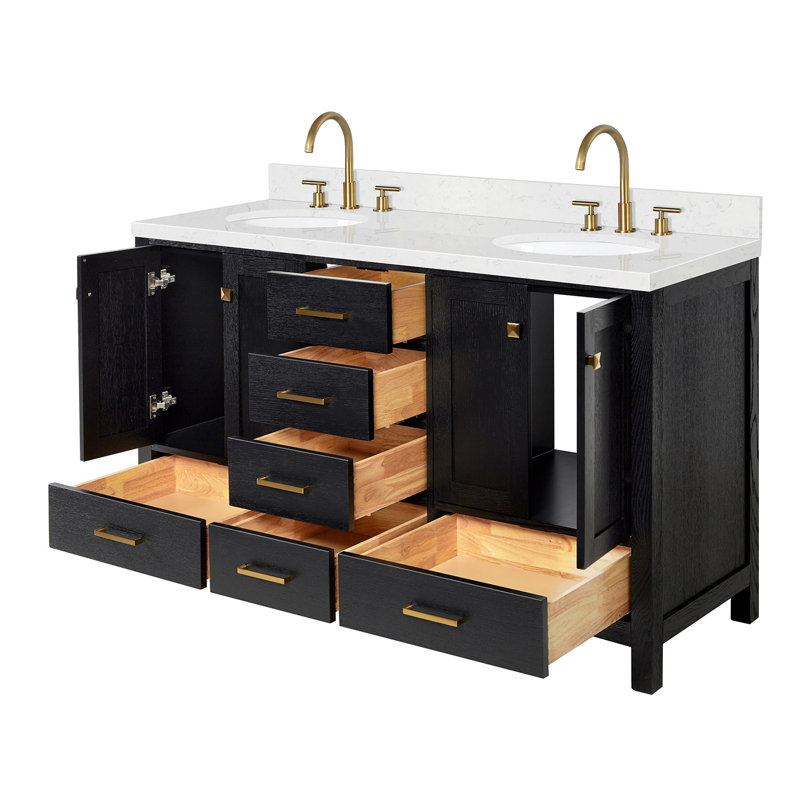 Amariani 60.25'' Double Bathroom Vanity with Top, Black Oak / Satin Brass