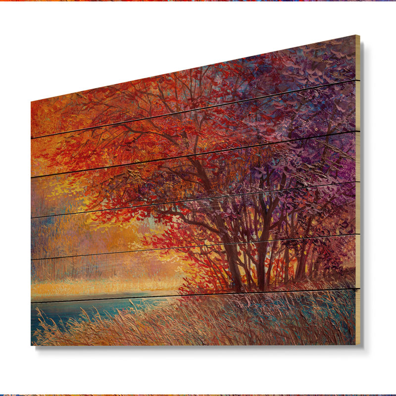 «Lake on Autumn Orange Maple Forest», peinture sur bois sans cadre, H 16 po x l 32 po x P 1 po