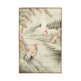 Antique Japanese Pictorial Tapestry With Rooster In Landscape - Rug & Kilim