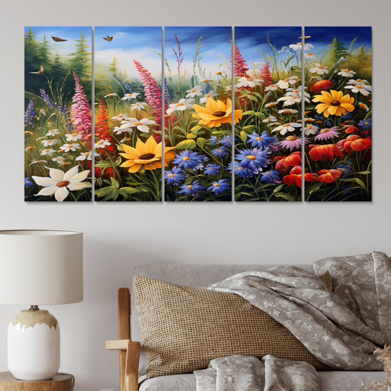 Bouquet de fleurs sauvages colorées - impression sur toile florale - 5 panneaux égaux