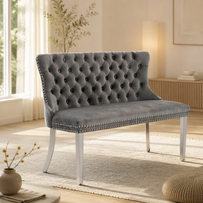 Banc en velours pour causeuse double pour la salle à manger, sièges de cuisine et de salle à manger, banc capitonné à 2 places avec boutons faits à la main, dossier à oreilles, pieds en acier plaqué or, moderne Mid-Century, paquet simple, gris