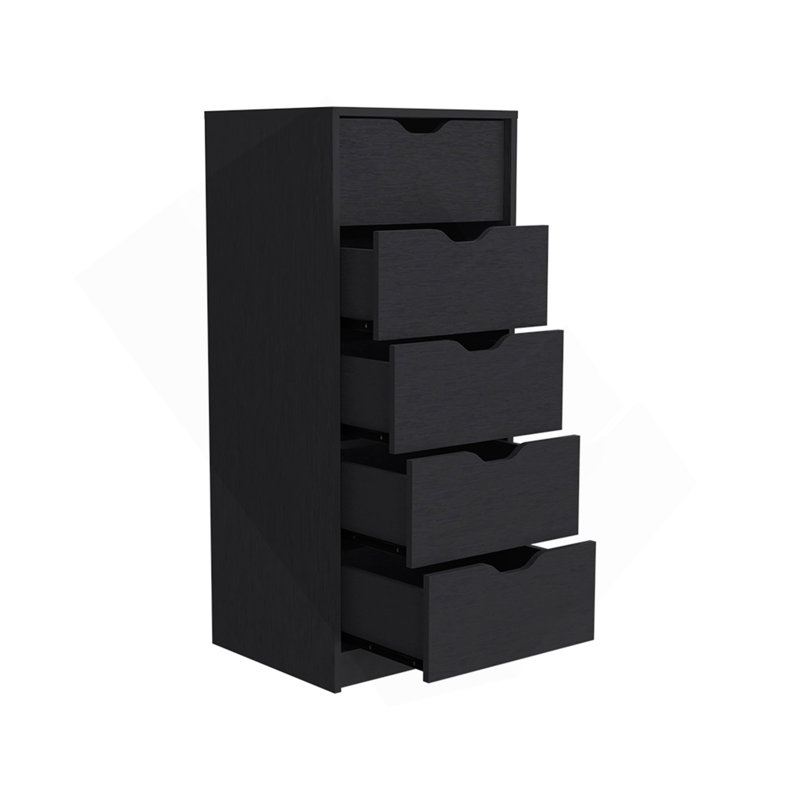 Commode Kamran, cinq tiroirs étroits, finition wengé noir, Noir