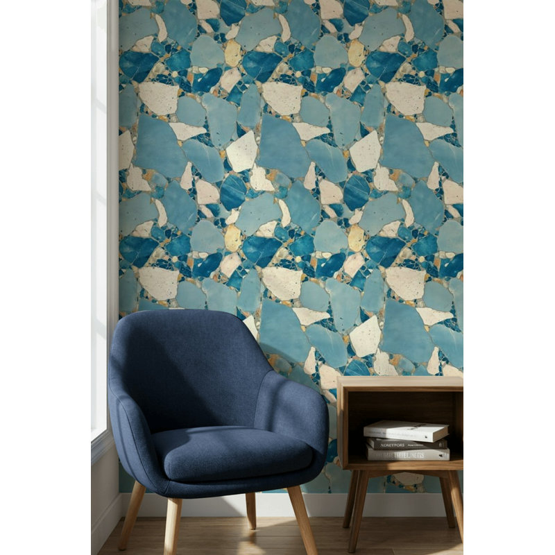 Papier peint terrazzo bleu, aspect mosaïque de pierre, Texturé non collé