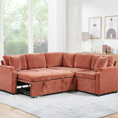 Orange, canapé modulaire en L rembourré en L 81,9 po, lit, espace de rangement, chenille douce, coussins décoratifs, accoudoir courbé, petit canapé-lit de style salon, compartiment, tissu en chenille,