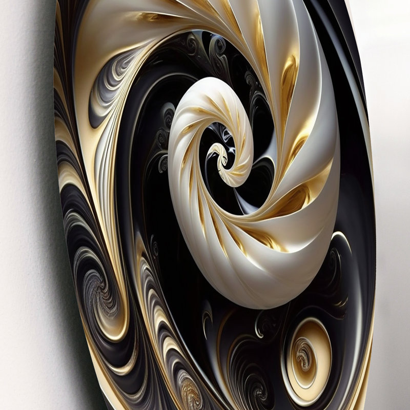 Vitrail doré noir et blanc V - spirales abstraites, art mural rond sur métal, L 36 po x H 36 po