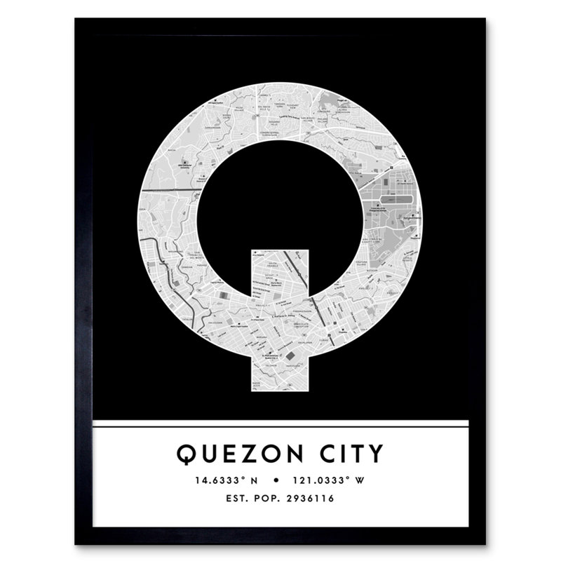 Quezon City City Map Quezon City Black & White by Wee Blue Coo - Single Picture Frame Typography