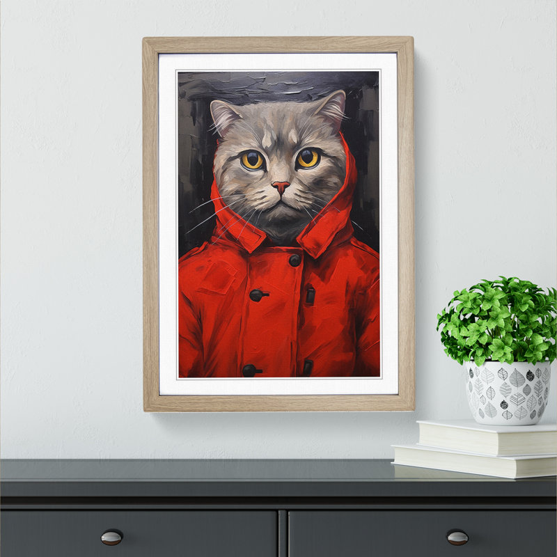 Cat Neo-Plasticism - Single Picture Frame Print on Wood, Oak Framed, 34cm H x 25cm W x 2cm D
