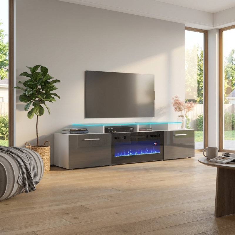 Meuble télé 75 po avec foyer électrique Aiyah, Blanc / Gris