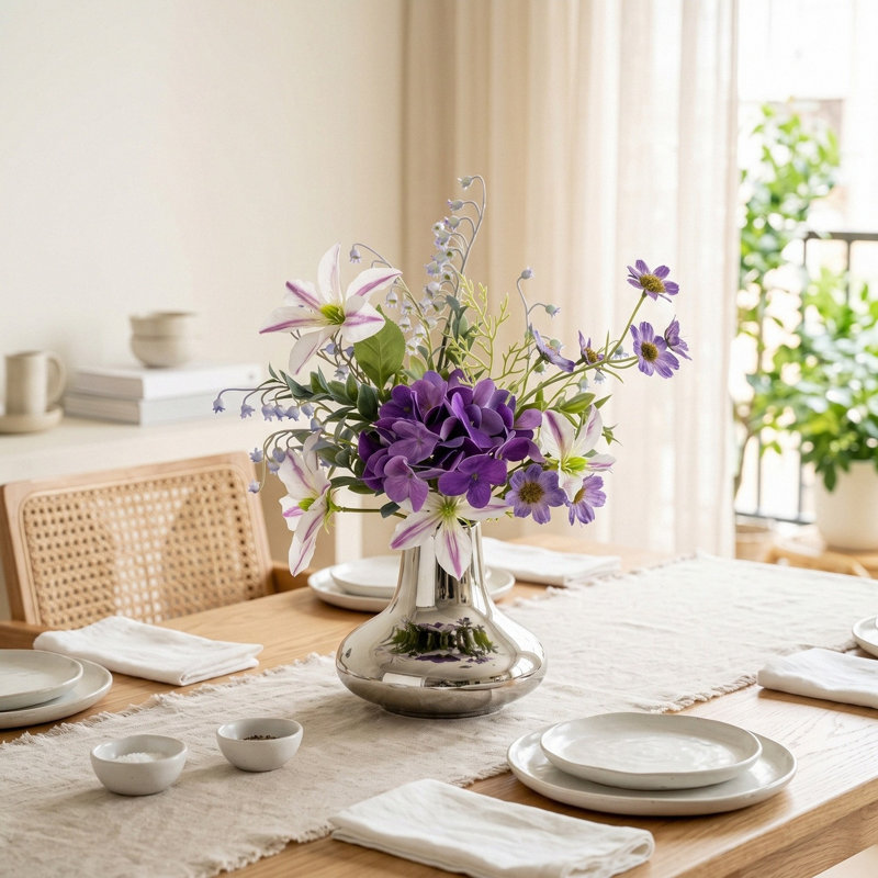 Artificial Purple White Mixed Flower Arrangement, Faux Hydrangea Clematis Floral Centerpiece with Silver Mirror Vase, Tabletop Decor for Living Room, Office, Entryway