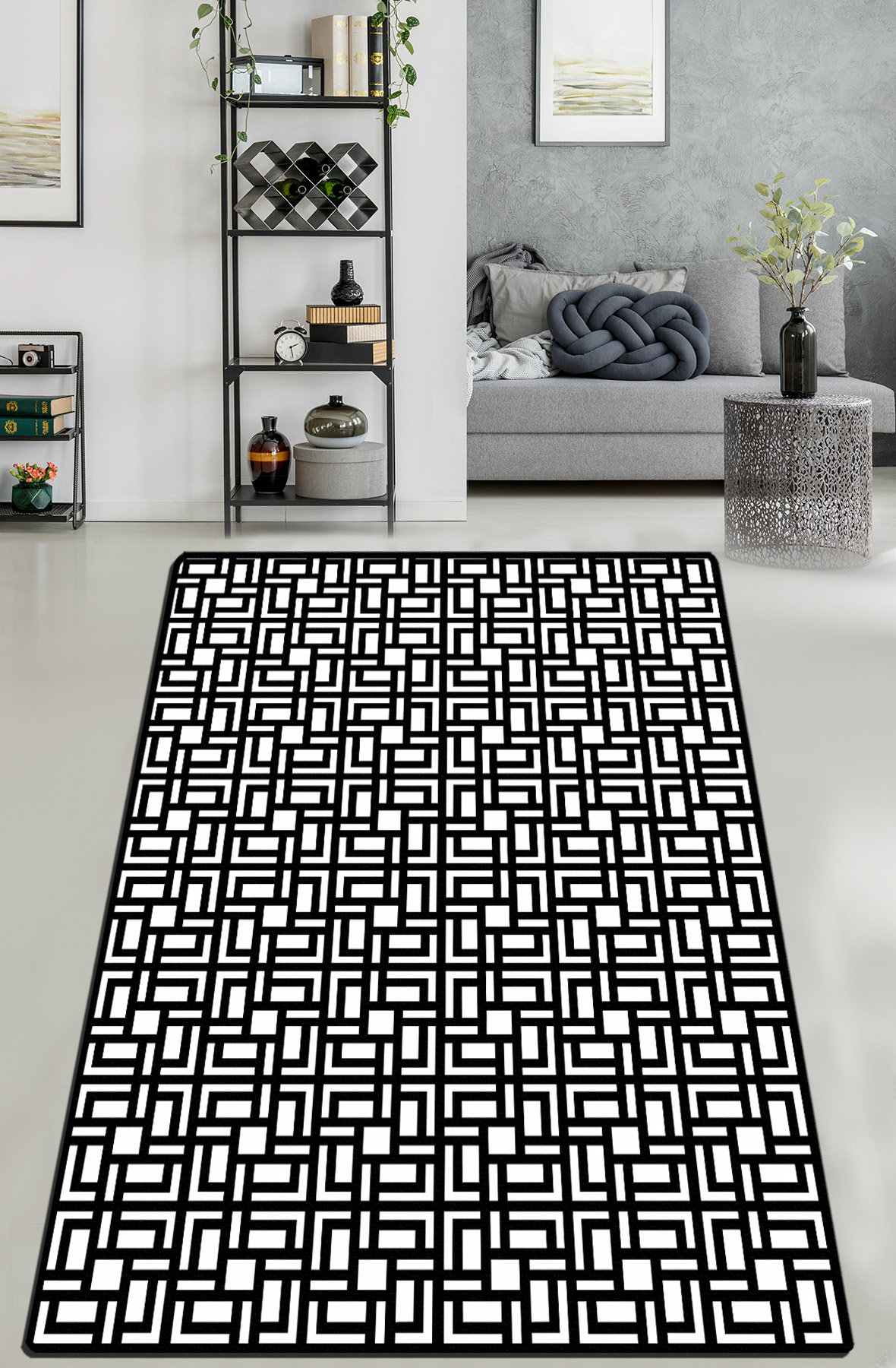 17 Stories Etherine Labyrinth Shaggy Black/White Rug | Wayfair.co.uk