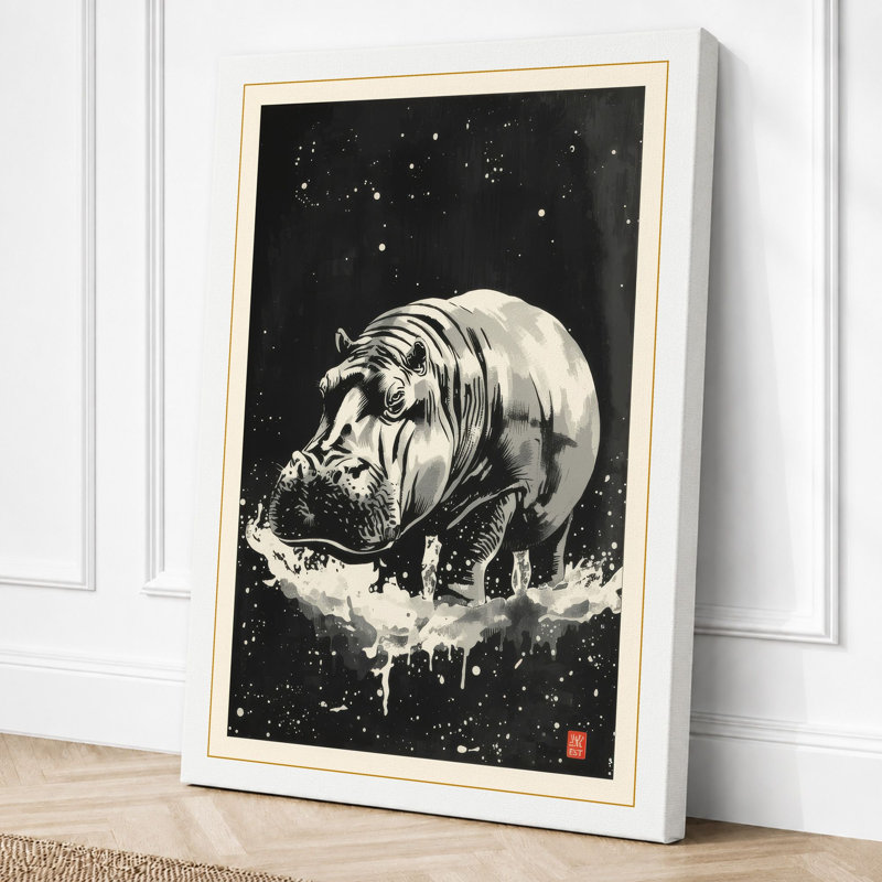 Hippopotamus Under Stars Japandi - Wrapped Canvas, 18x12 - 45.7 x 30.5 cm, White Border