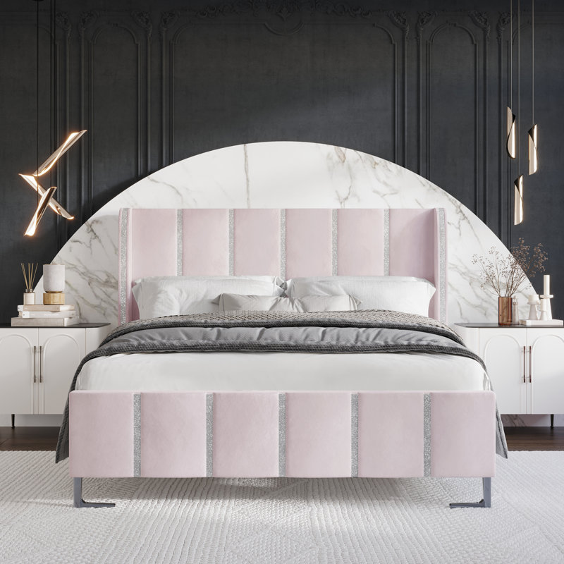 Laimdota Upholstered Slat Bed, Light Pink, King