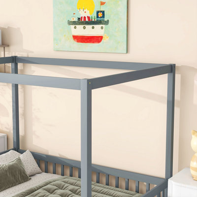 Full Size Canopy Frame Rubber Wood Floor Bed with Guardrails, Ideal for Safety and Stylish Comfort in Any Bedroom