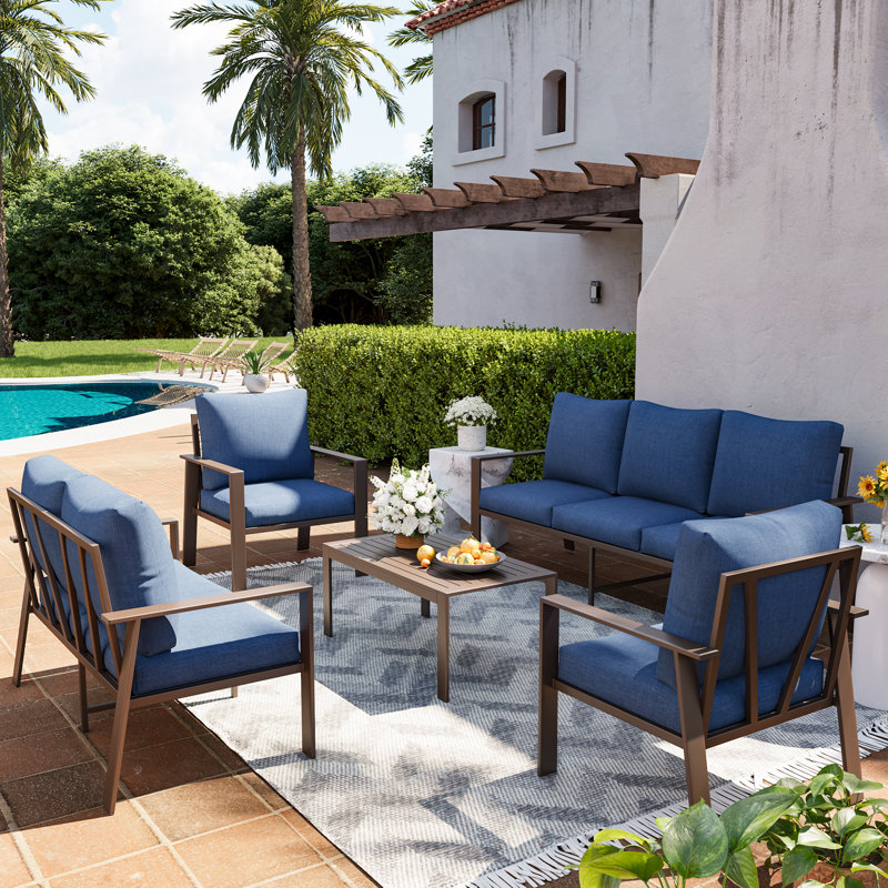 7 Person Sofa Seating Group With Coffee Table, Navy