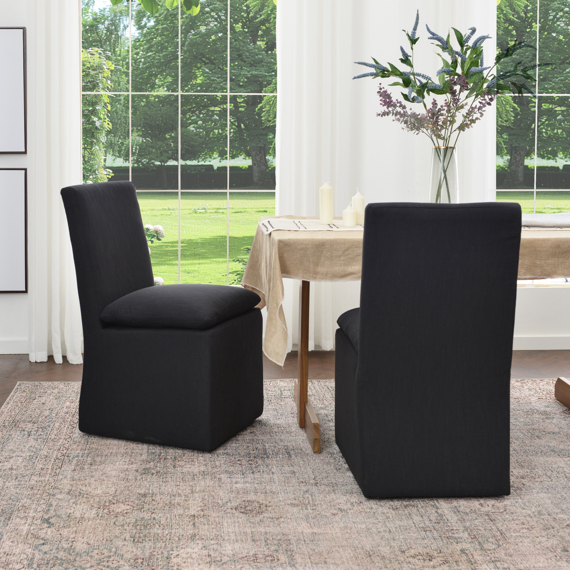 Keaton 21" Wide Modern No Assembly Upholstered Linen Side Dining Chair with Casters, Black