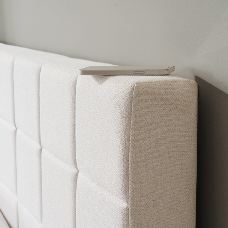 Lit plateforme tapissier Suhavi, Double, Blanc cassé