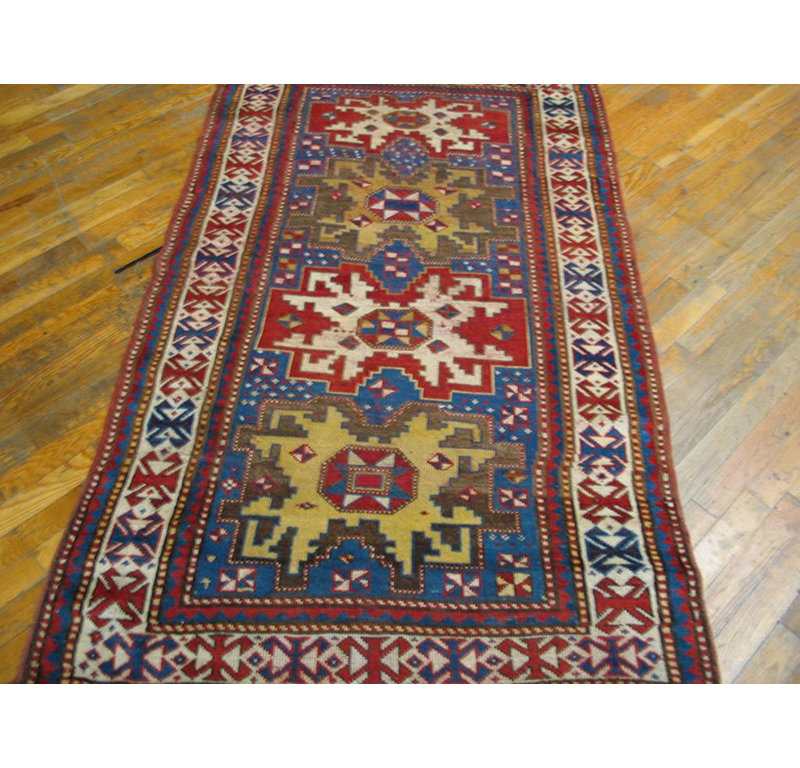 1900s Blue Geometric Tribal Antique Caucasian Kazak Rug 3'6"x 5'10" Wool Carpet