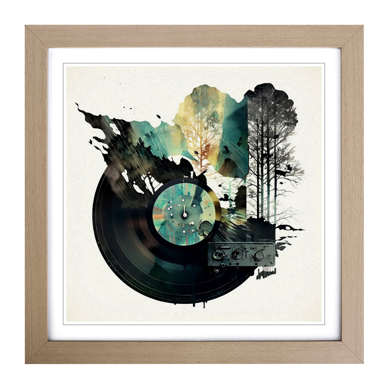 Vinyl Record Player Double Exposure - Single Picture Frame Print on Wood, Oak