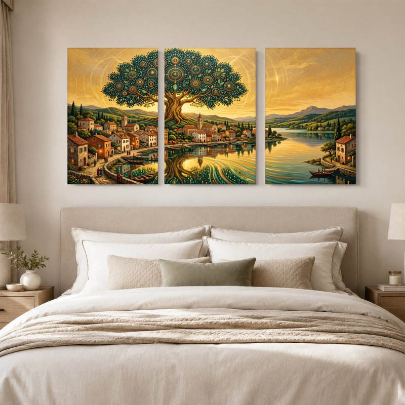 Toile géante à motif d'arbres sur un bord de lac, ensemble de 3 toiles, 36"H x 24"W x 3pcs