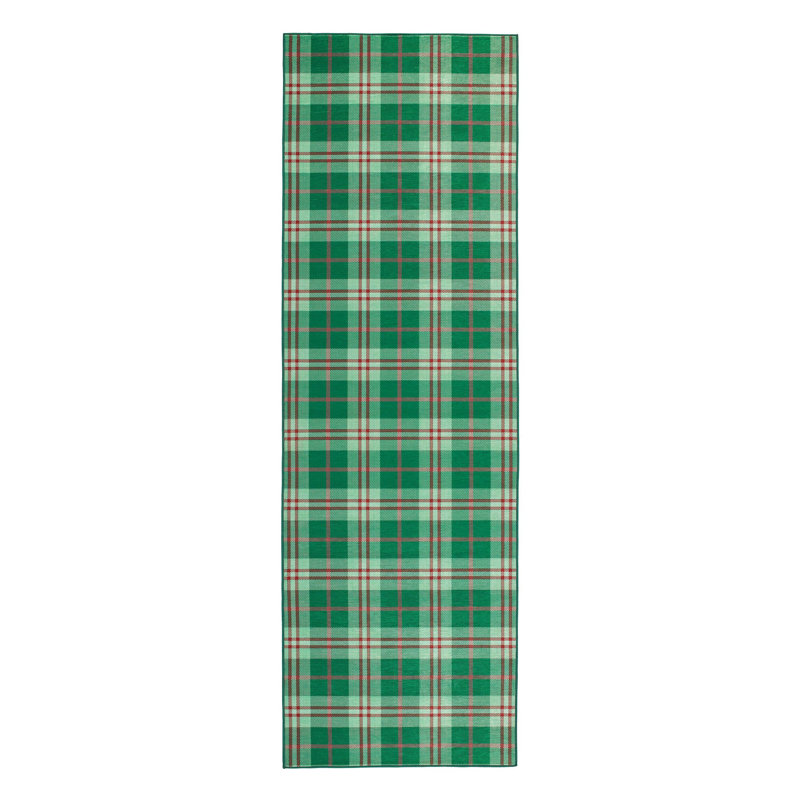 Green and Red Plaid Washable Synthetic Runner Rug 2'6" x 6'