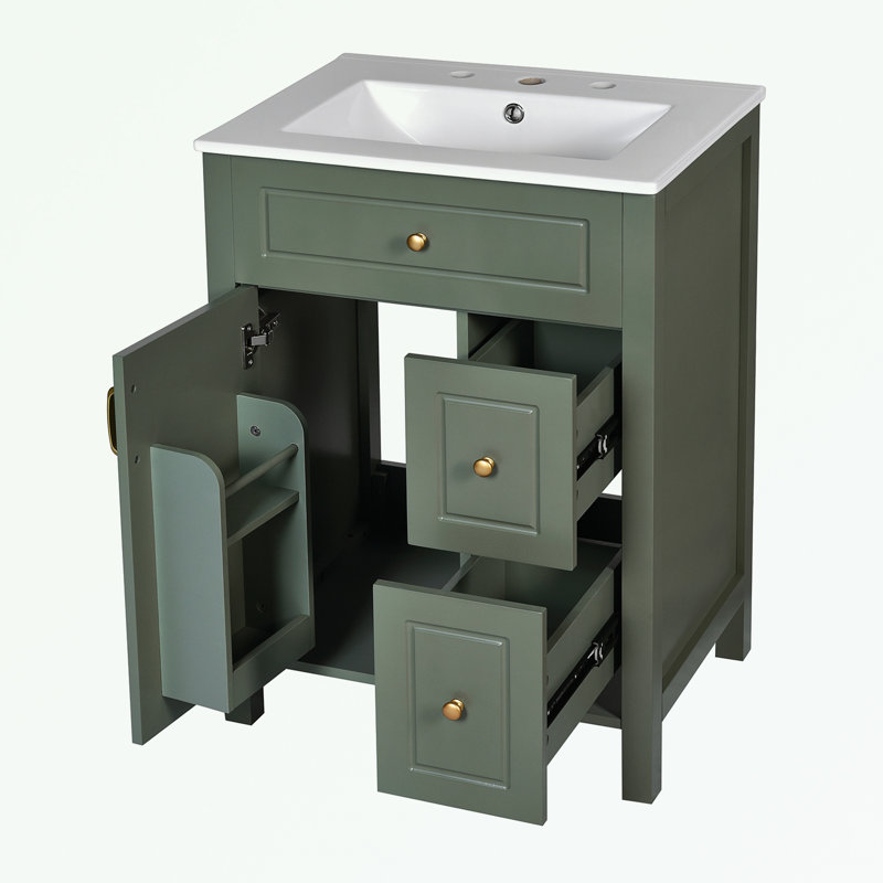 Bathroom Vanity with Ceramic Sink, two Drawers and Storage Racks on the Door, Green