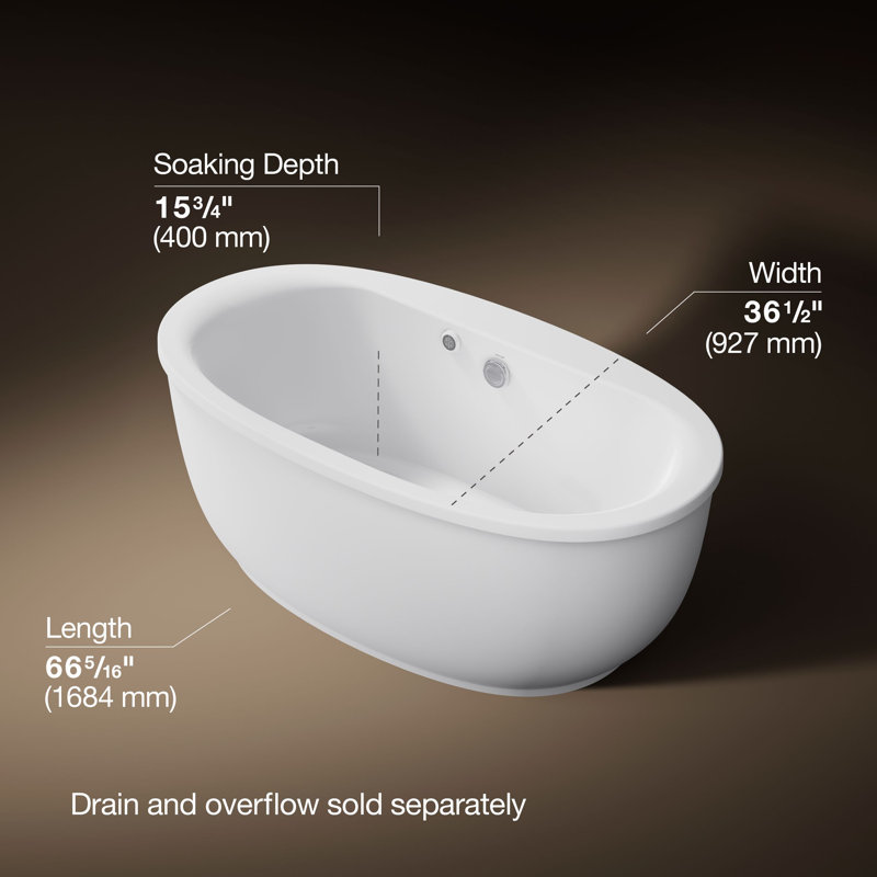Sunstruck® 66" x 36" Freestanding Soaking Acrylic Bathtub with Heater, White