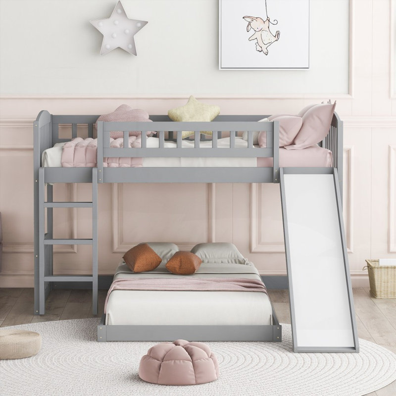 Lit superposé simple avec glissière et échelle, gris (aucun sommier requis, durable)