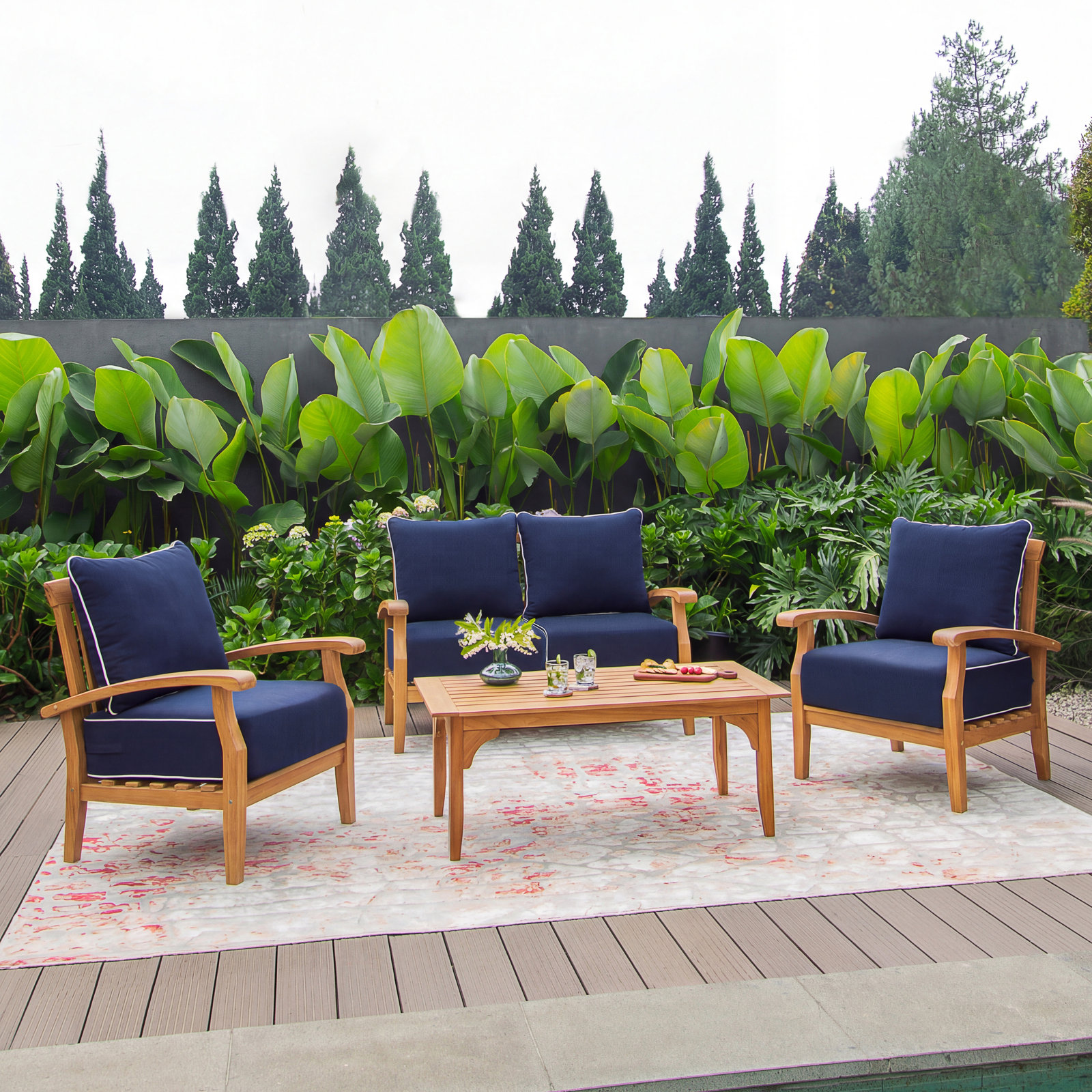 Summerton 4-Person Patio Seating Group, Navy White Piping