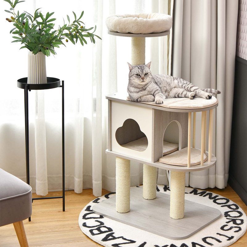 46'' Gray Wooden Cat Tree with Sisal Posts and Cushions