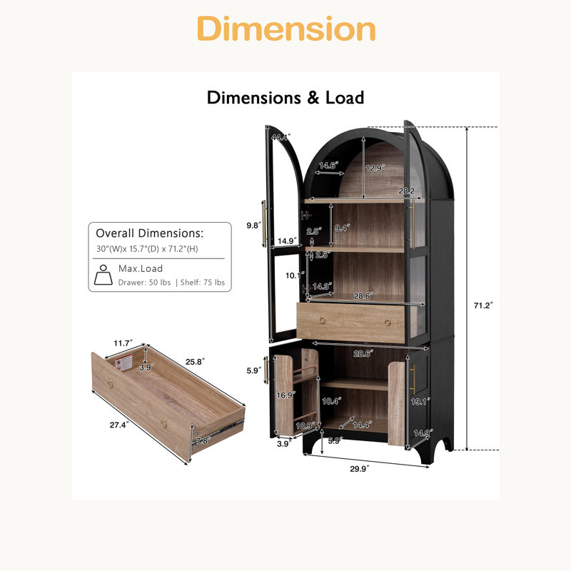 Armoire de garde-manger arquée de 71 po de hauteur avec tablettes de porte, armoire de rangement de ferme avec tablettes ouvertes et réglables