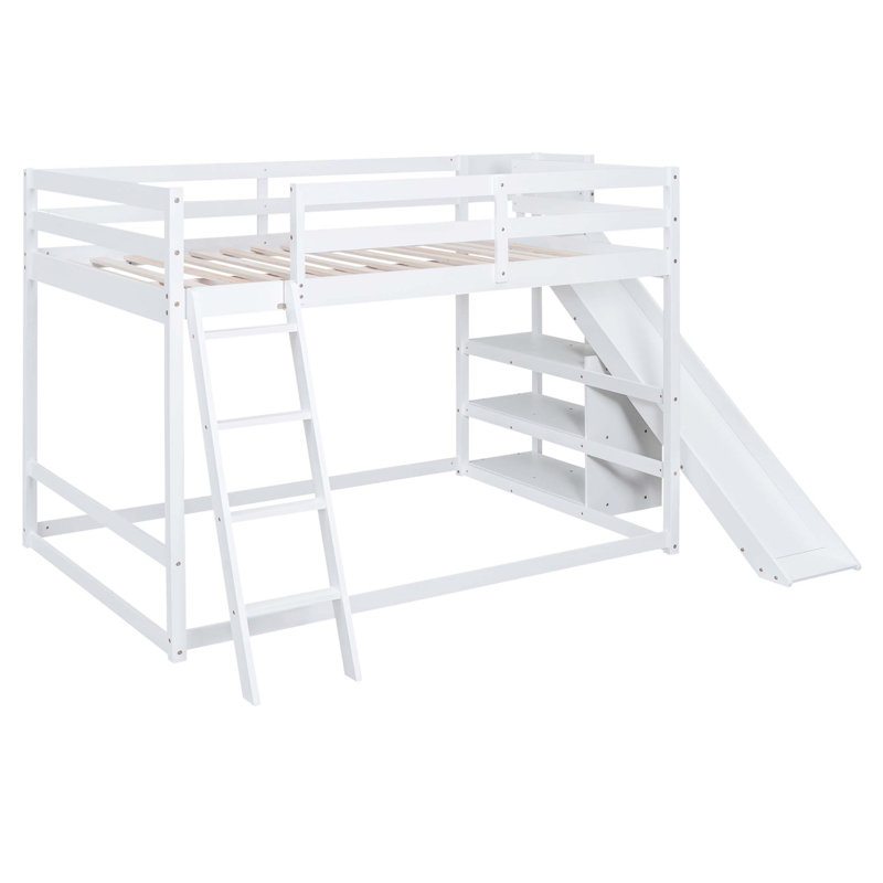 Lit superposé double sur double avec glissière, échelle robuste, tablettes intégrées, Blanc