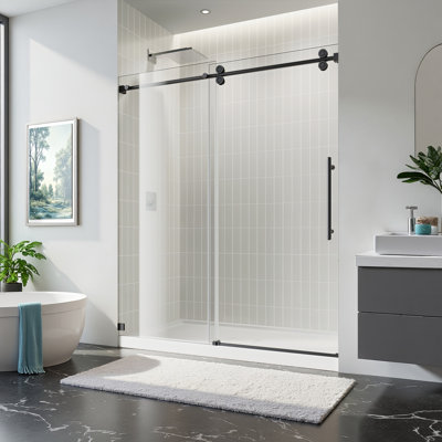 60" x 76"  Single-Slide Shower Door, One Fixed & One Sliding 10mm Reinforced Glass, Stainless Steel Guide Rail, Black Finish