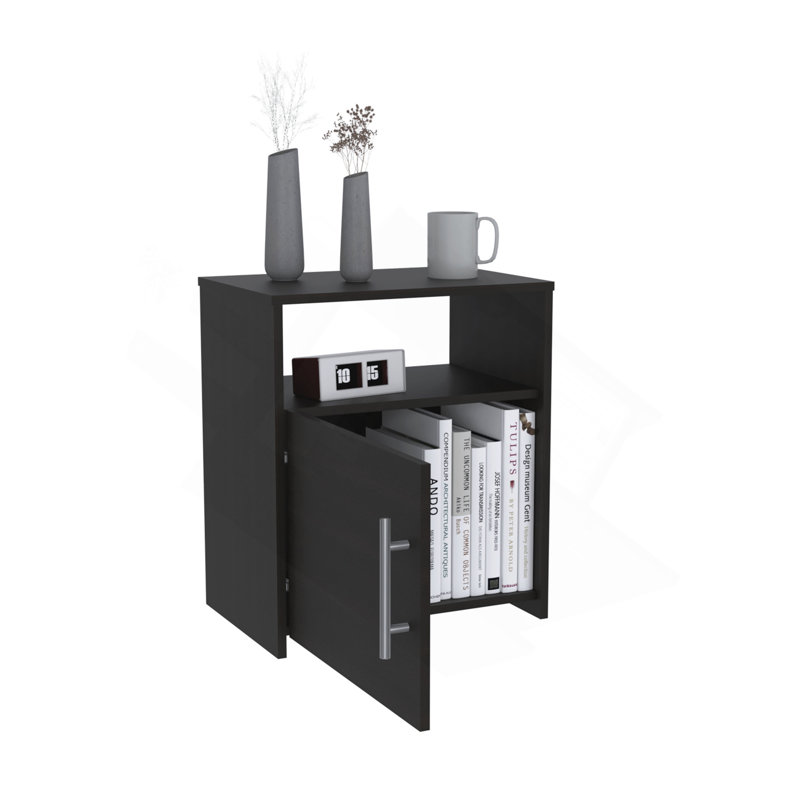 Nightstand Cuarzz, One Cabinet, Black Wengue Finish, Black