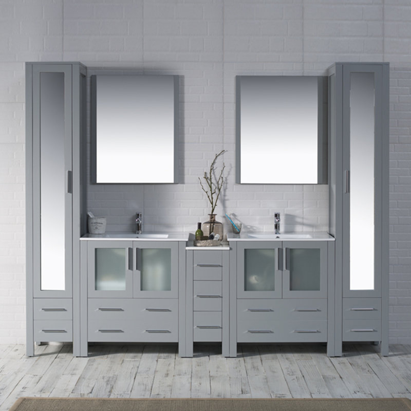 Ensemble de meuble-lavabo double 103 po avec miroir Mance, Gris métallique