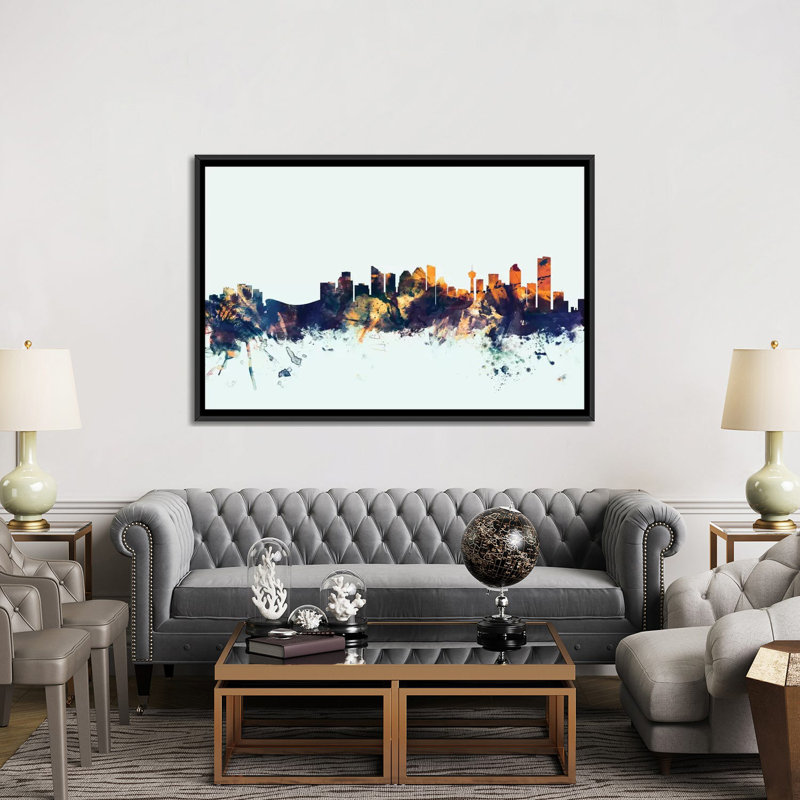 «Skyline Series: Calgary, Canada on Blue», reproduction d'art sur toile tendue, H 40 po x l 60 po x P 1,5 po, Pas de tapis