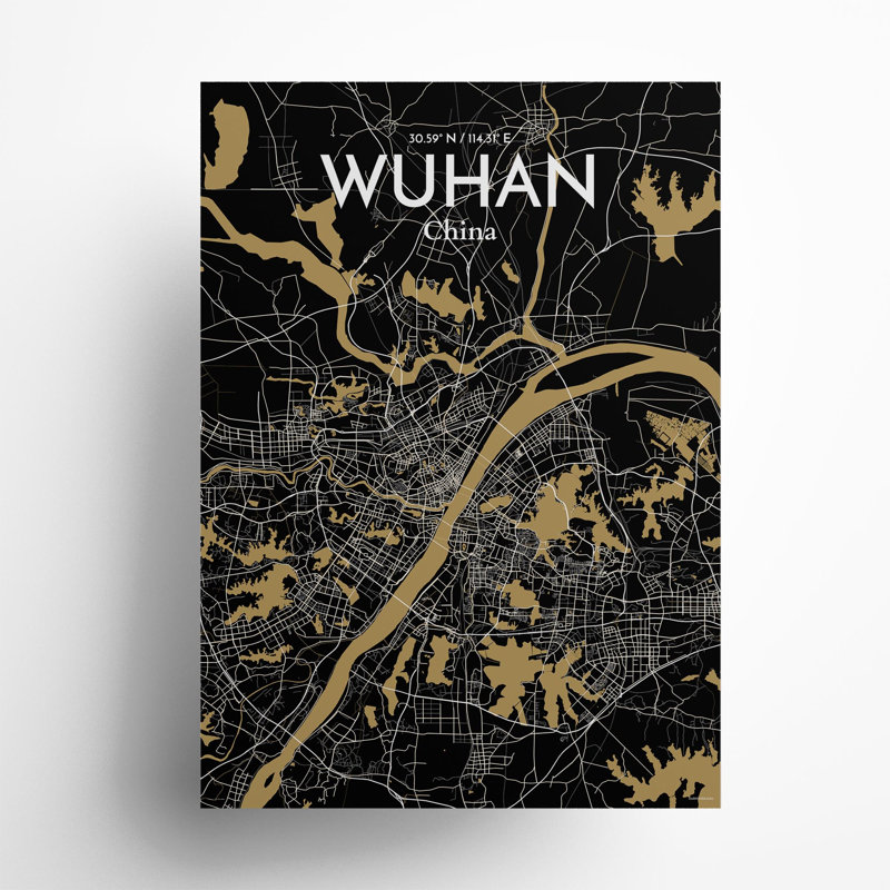 Carte de la ville de Whan, impression, Noir et or, H 27,6 po x l 19,7 po
