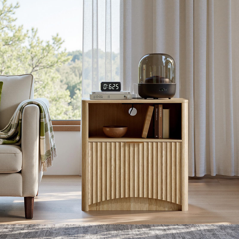 Fluted Nightstand With Charging Station, Bedside Table With Drawer And Storage, Large Night Stand For Bedroom, Individual