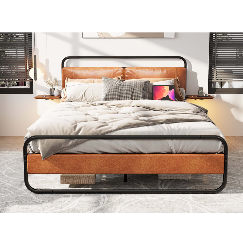 Metal Platform Bed with wireless charging and USB A & USB C, Touch LED light