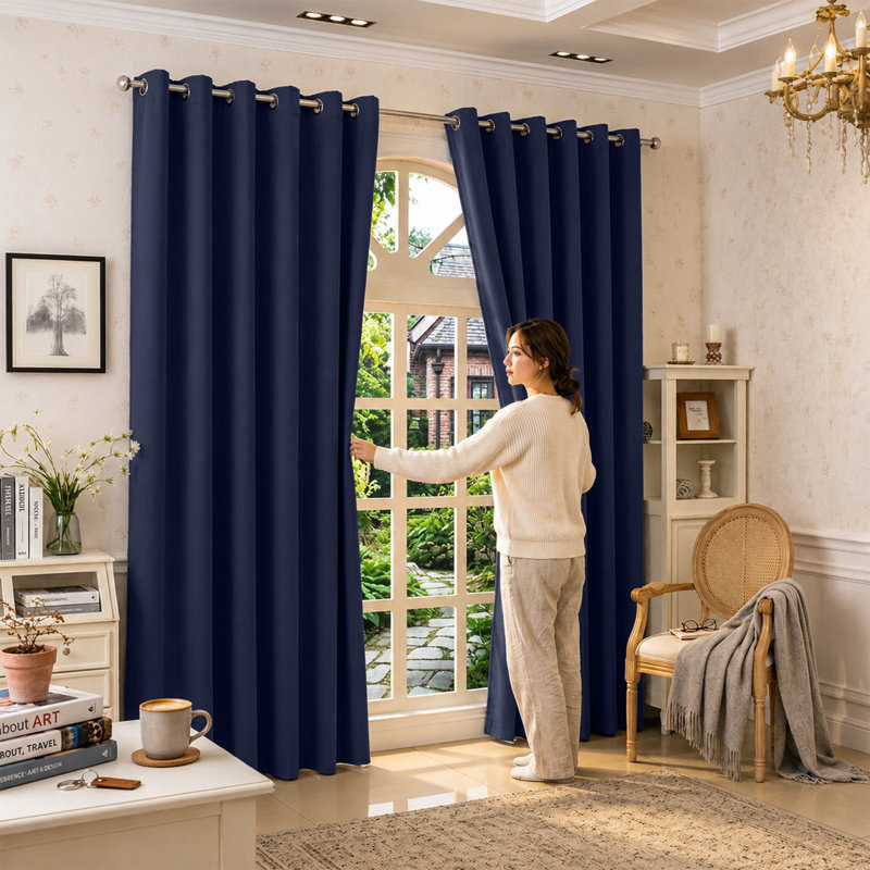 100 % Polyester Blackout Eyelet Room Darkening  Thermal Curtain (Set of 2), Navy, 168 cm Width x 183 cm Drop